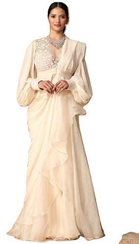 Saree Trends Women's Faux Georgette ready to wear Frill saree with unstitched blouse