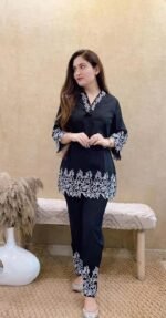 Women's Rayon Fabric 3/4 Sleeves Collared Neck Thread Embroidery Cord Set - Image 2