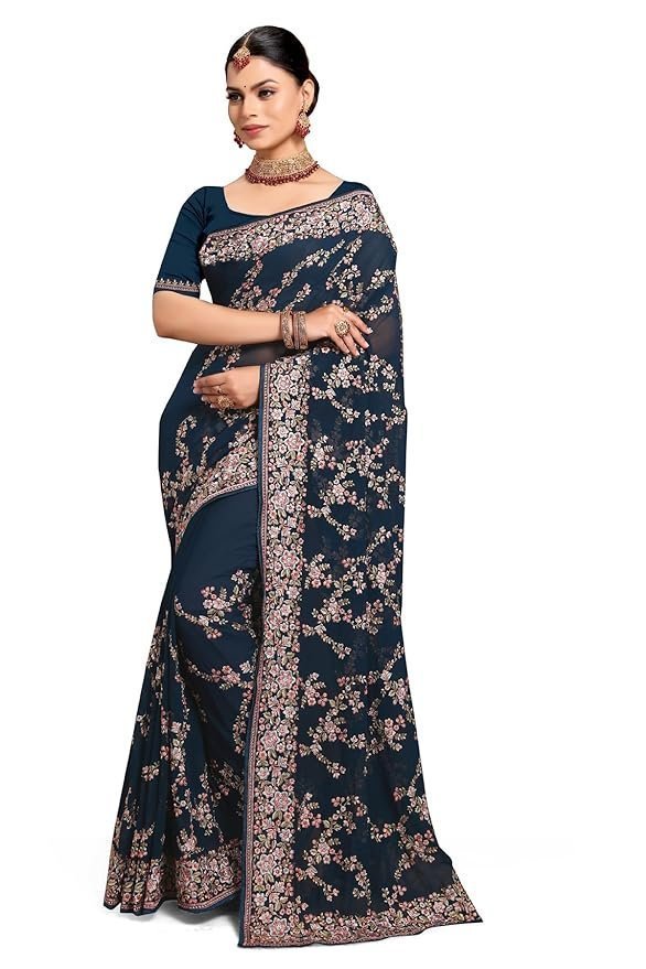 71GBNrIBMpL._SY879_.jpg Teal Blue Zari Resham Embroidered Georgette Saree Sari with Matching Blouse Piece - Image 1