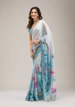 Sky Blue Stonework Satin Saree - Image 4